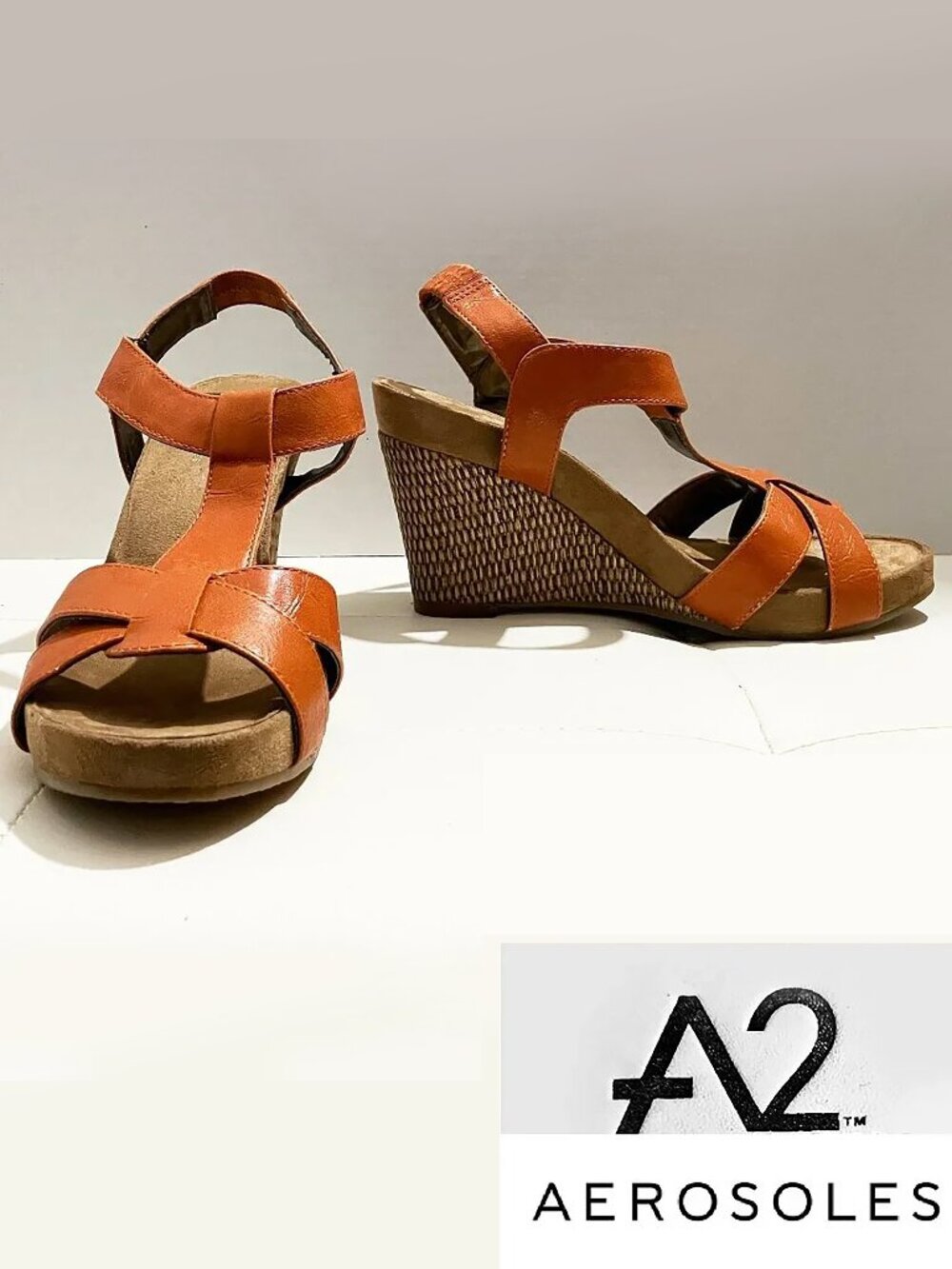 A2 by Aerosoles Rust Pleated Wedge Sandals | Slingback T-Strap | Size 8.5M